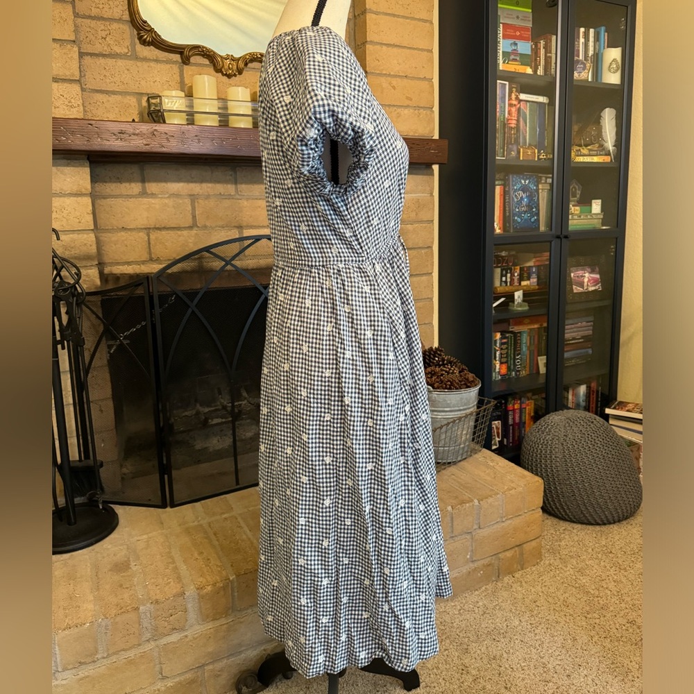 SOLD MADEWELL Embroidered Gingham Faux Wrap Tie Waist Midi Dress - Small - Picture 9 of 16